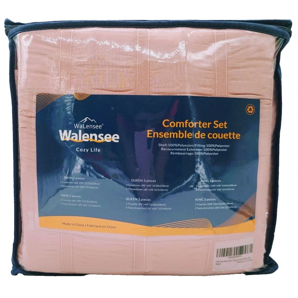 Pink Seersucker Comforter Set King Size (104X90 In), 3 Pieces Crinkle